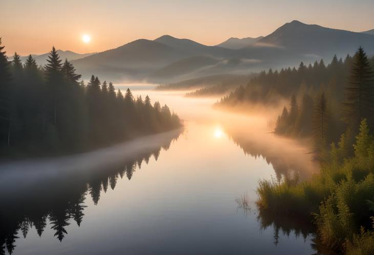 Tranquil Lake Arareko Sunrise and Mist in a Picturesque Natural Setting