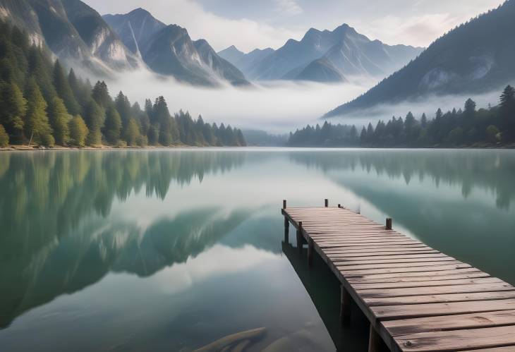 Tranquil Lake with Misty Mountains and a Scenic Wooden Pier Overlooking Calm Waters