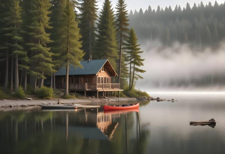 Tranquil Lakeside Cabin with Tall Pine Trees, Canoe Docked at Shore, and Rising Mist