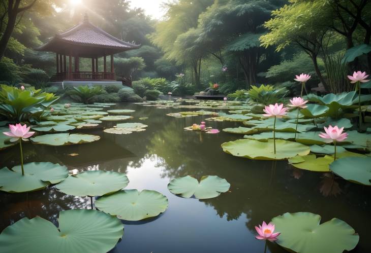 Tranquil Meditation Session in a Serene Garden with Calm Pond and Lotus Blossoms