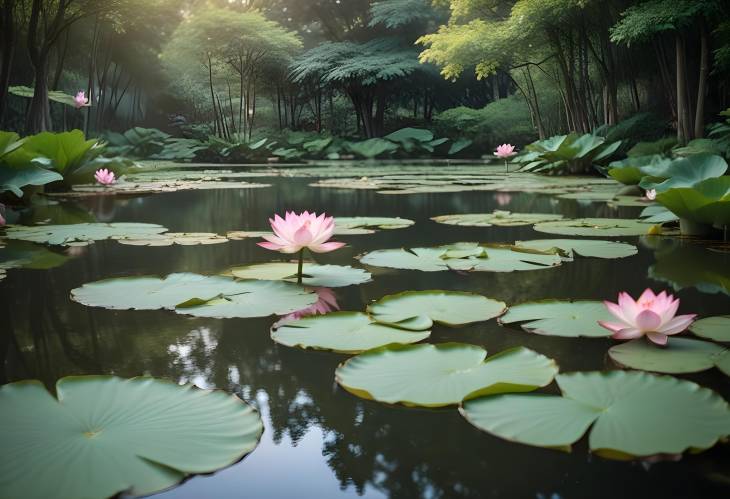 Tranquil Meditation Setting in a Garden with Calm Pond and Lotus Flowers