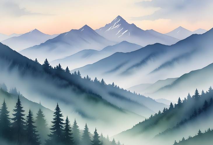 Tranquil Mountain Dawn A Watercolor Masterpiece of Misty Serenity