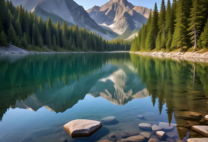 Tranquil Mountain Lake with Clear Reflective Waters and Surrounding Majestic Peaks