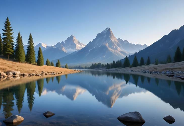 Tranquil Mountain Scenery with a Clear Blue Sky and Majestic Peaks Creating a Peaceful and Serene