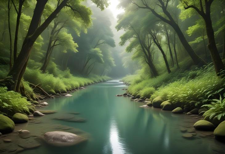 Tranquil River Flowing Through Dense Forest with Lush Greenery, Clear Waters, and Peaceful Ambiance