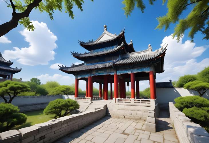 Tranquil Skies Ancient Chinese Garden Under Blue Sky and Clouds