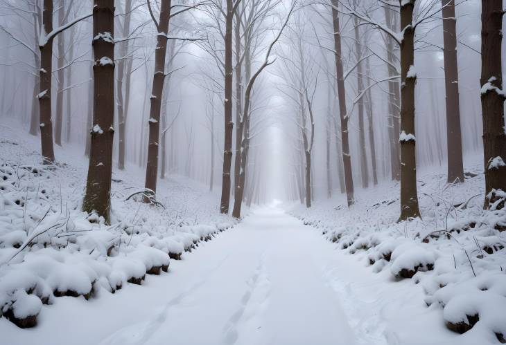 Tranquil Snow Covered Forest Path in the Heart of Winter with a Serene and Quiet Ambiance