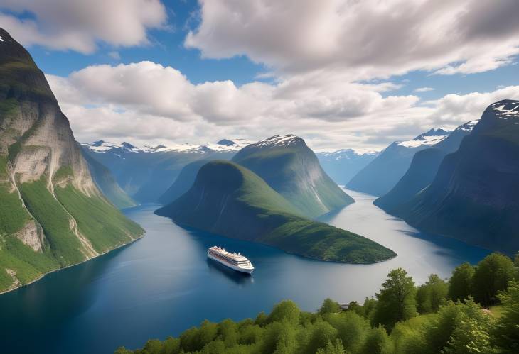 Tranquil Sunnylvsfjorden Fjord and Cruise Ship Near Geiranger, Norway