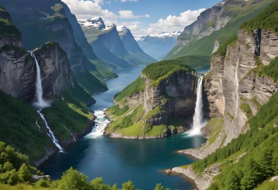 Tranquil Sunnylvsfjorden Fjord and Seven Sisters Waterfalls, Norway