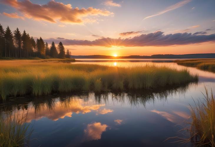 Tranquil Sunset at Northern European Lake with Blue Sky and Sunlit Reflections