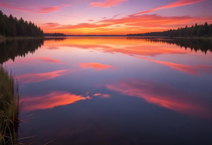 Tranquil Sunset Reflections on a Serene Lake with Vibrant Colors and a Calm, Peaceful Atmosphere