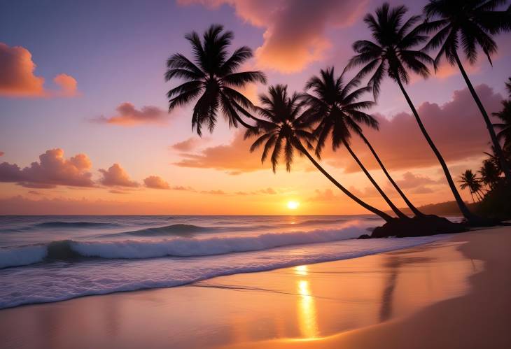 Tranquil Tropical Beach Sunset with Palm Silhouettes and Gentle Waves