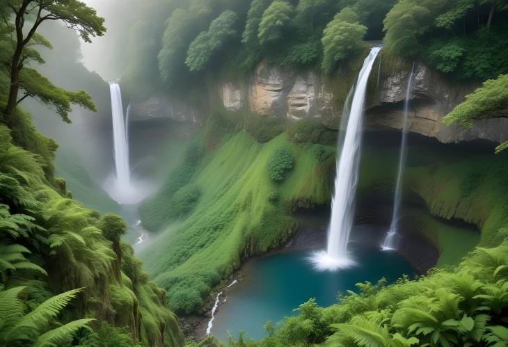 Tranquil Waterfall Flowing Over Verdant Cliffs into a Peaceful Pool Surrounded by Misty Woods