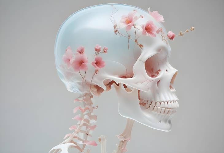 Translucent Skull with Delicate Flowers Inside in an XRay with Soft Gothic Tones