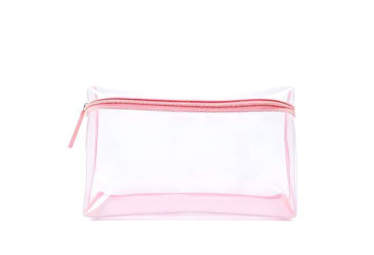 Transparent Cosmetic Bag with Pink Leather Trim Isolated on White Background