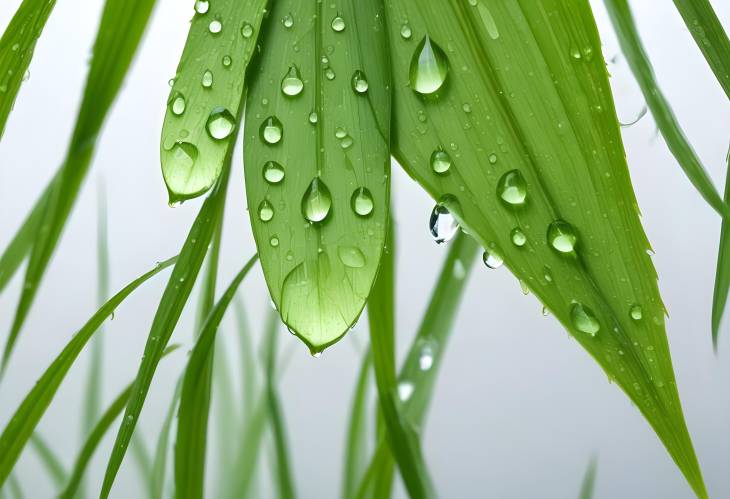 Transparent Dew Drops on Fresh Grass Leaf CloseUp Macro Detail