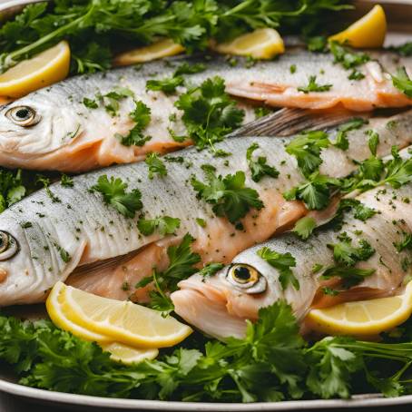 Tray of Fresh Fish Garnished with Parsley Close Up