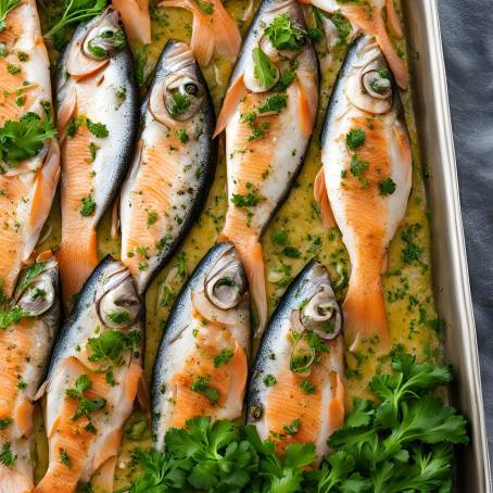 Tray of Fresh Fish with Parsley Close Up Culinary Detail