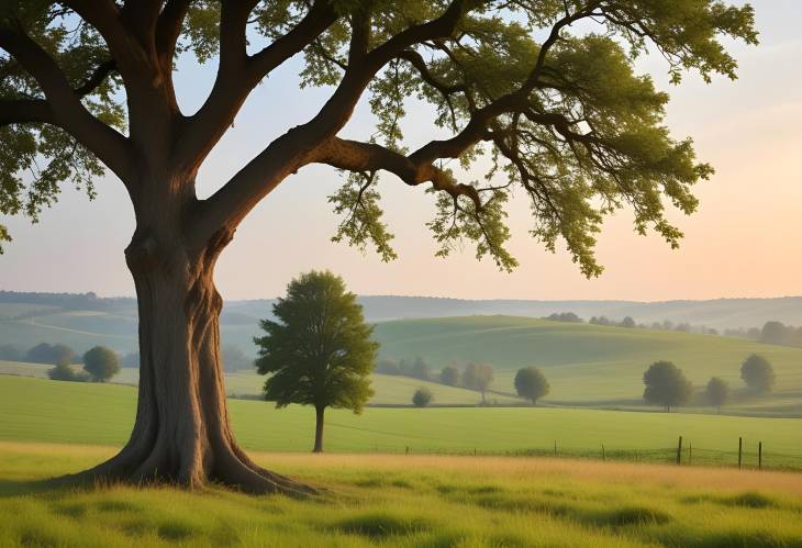 Tree Alone in Expansive Countryside Field  Tranquil Rural Landscape