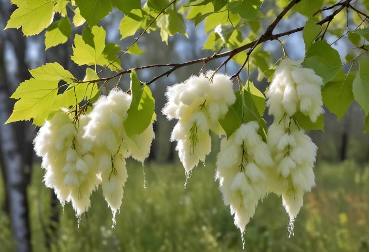 Tree Branches Covered in Poplar Fluff, Seeds on Leaves, Natural Springtime Scene, Botanical