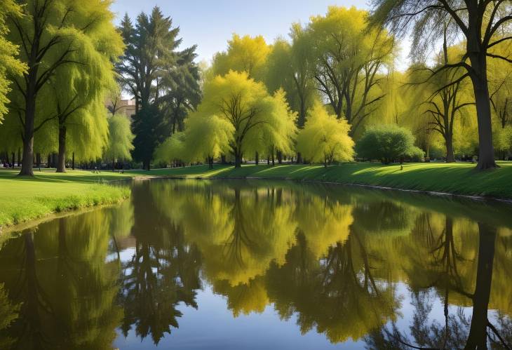 Trees Reflected on a Tranquil Lake in a City Park