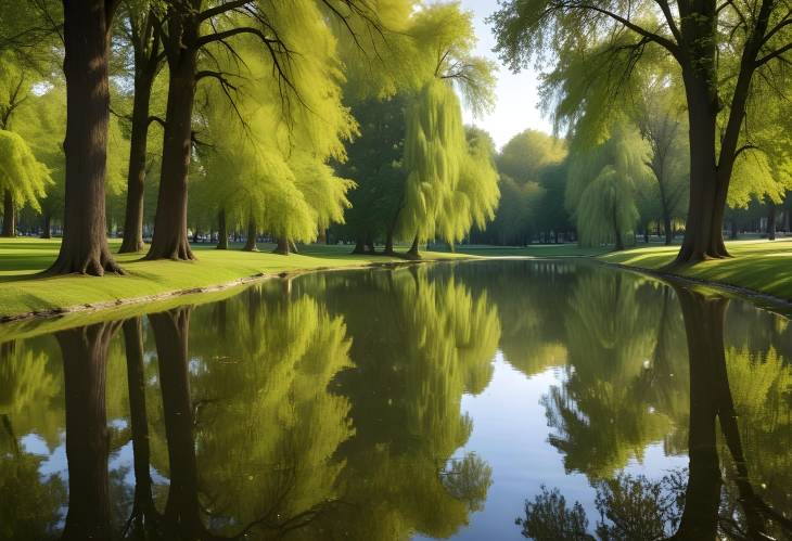 Trees Reflected on a Tranquil Small Lake in a City Park