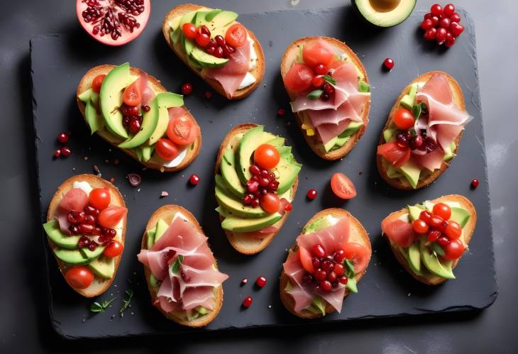 Trendy Bruschettas with Avocado, Prosciutto, Tomatoes, and Pomegranate  A Modern Appetizer