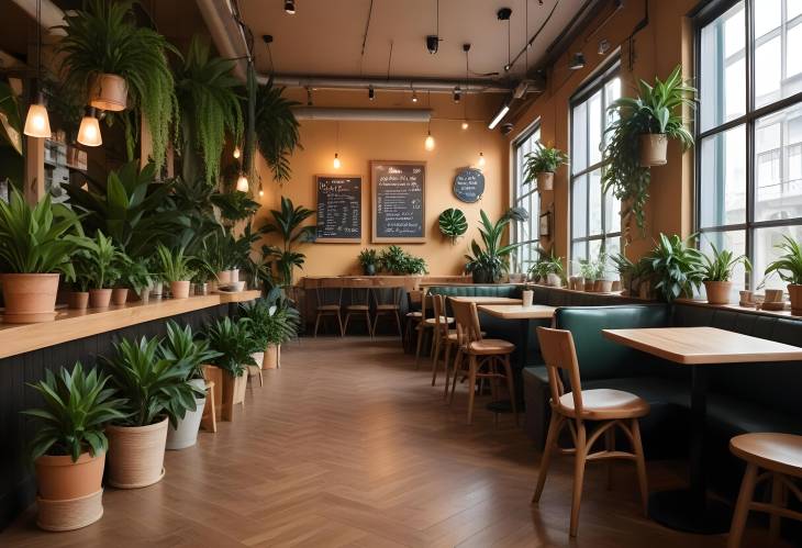 Trendy Cafe Interior with Green Plants  Modern and Cozy Atmosphere