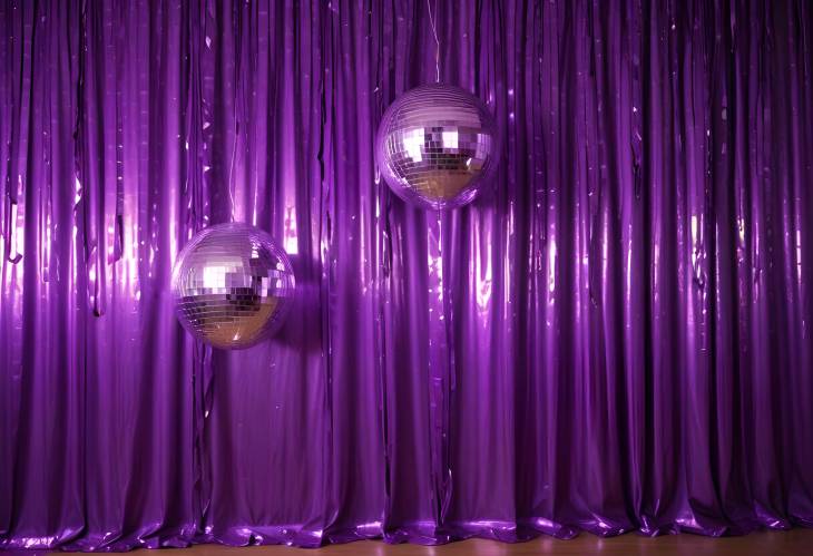 Trendy Indoor Disco Scene with Shiny Disco Balls and Purple Foil Fringe Curtain