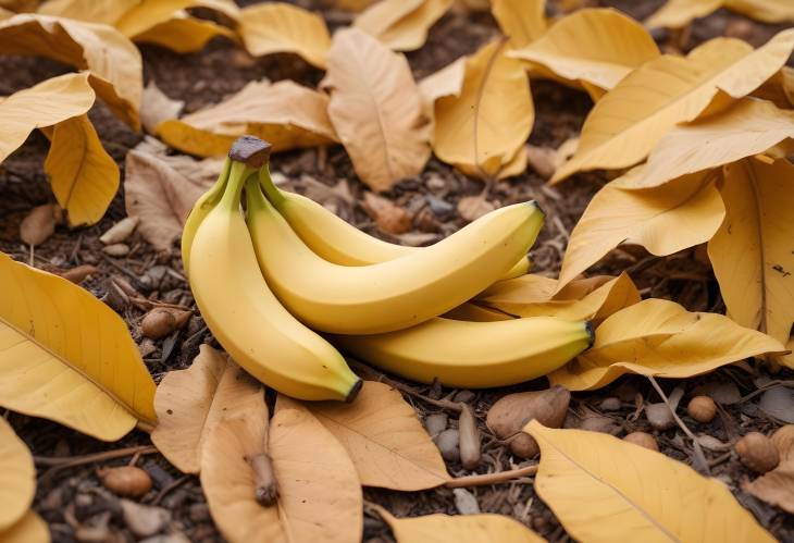 Tropical Banana Fruit on Dry Brown Leaves Close Up of Autumnal Foliage and Harvest