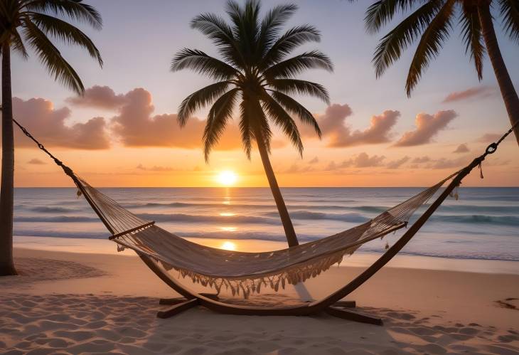 Tropical Beach Sunset with Hammock Swaying Between Palms and Ocean Waves Rolling In