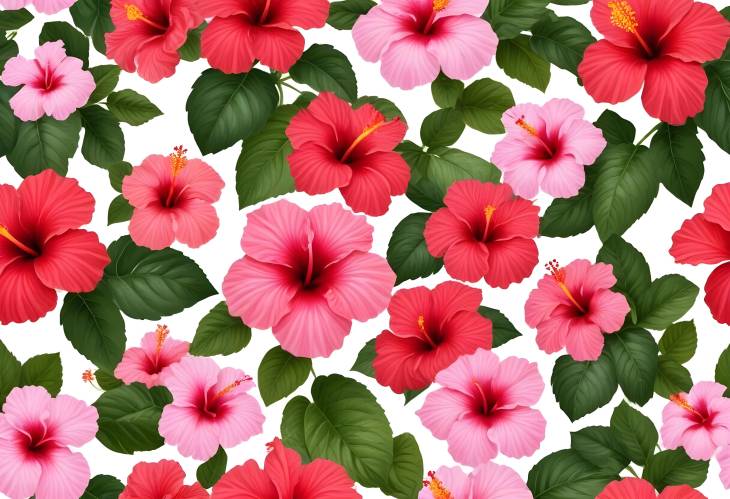 Tropical Elegance Pink and Red Hibiscus on White Background