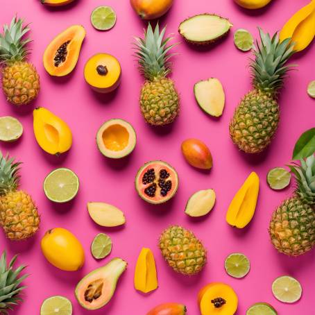 Tropical Fruits Displayed on Pink Background