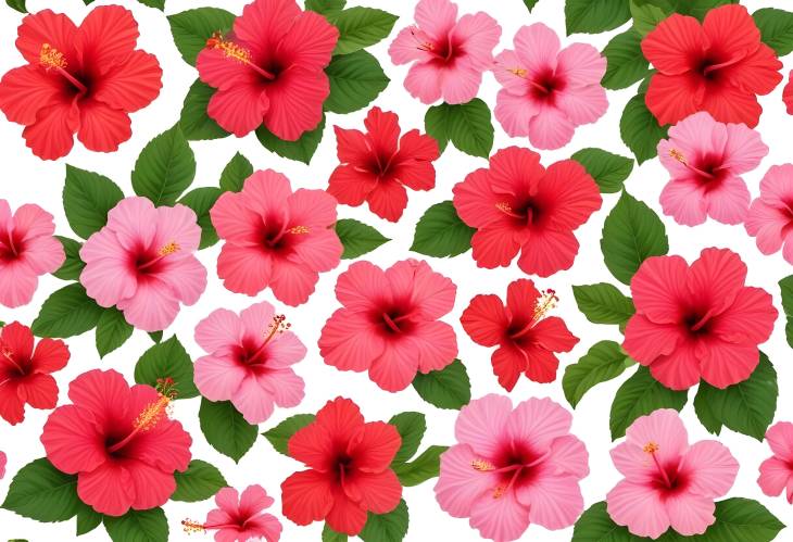 Tropical Hibiscus Set Pink and Red Blooms on White Background