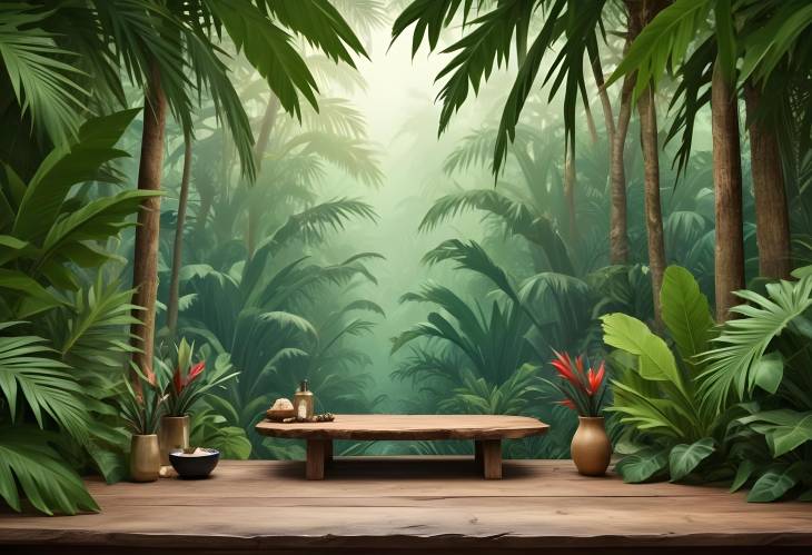 Tropical Jungle Table Cosmetic Display with Palms and Exotic Plants