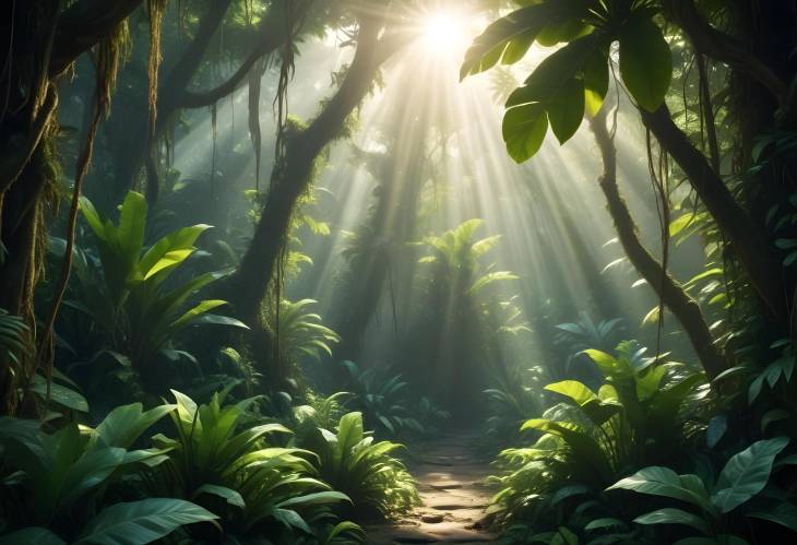 Tropical Jungle with Sunlight Filtering Through Dense Leaves and Creating a Mystical Glow