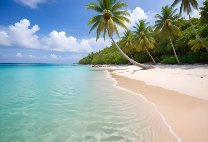 Tropical Paradise Stunning Beach and Coconut Palm Tree in Crystal Clear Sea