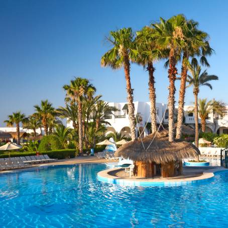 Tropical Pool Overlooking Andros Island Beach with Palms