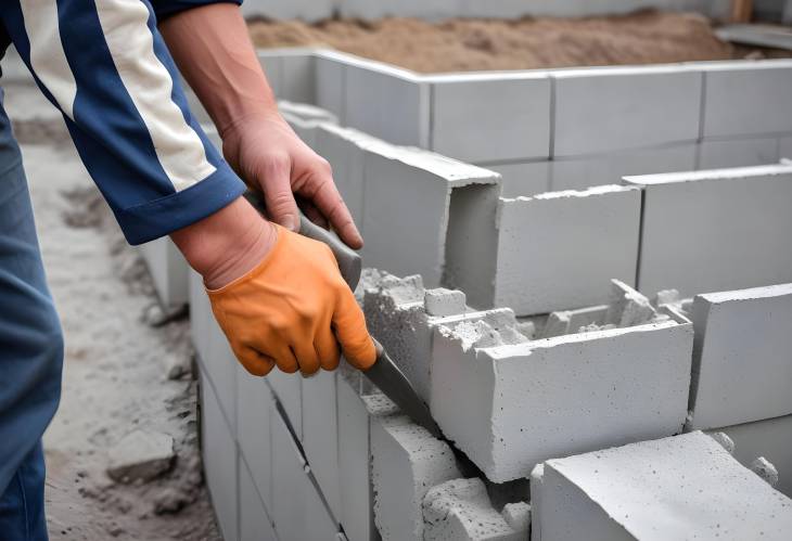 Trowel in Hand of Builder Working on Aerated Concrete Block Wall at Construction Site