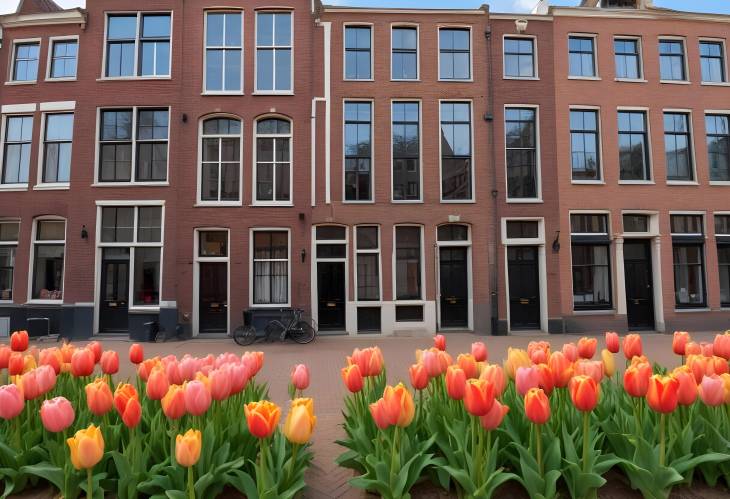 Tulips in Bloom Charming Facades of Old Amsterdam Houses