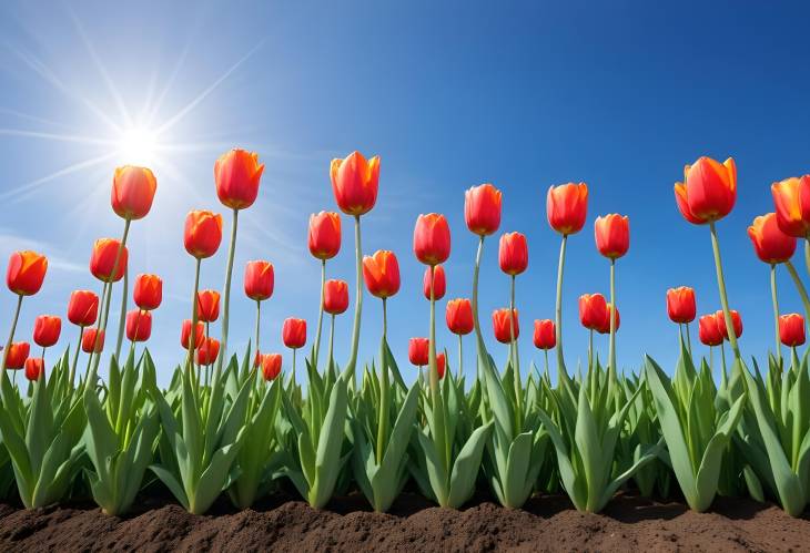 Tulips in Full Bloom Fresh Garden Tulips with Blue Sky Background, Springtime Floral Beauty