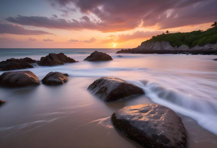 Turquoise Sea and Sunset at Punta Zicaleta Beach Rocks, Cloudy Sky, and Long Exposure