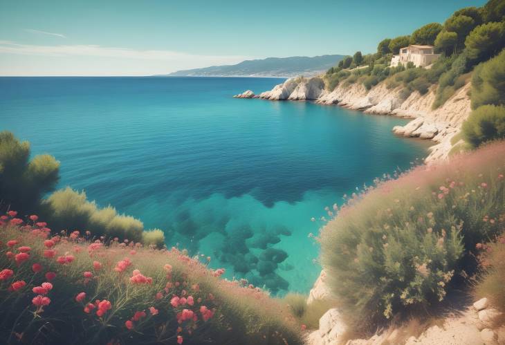 Turquoise Water and Flowers on Cte dAzur RetroToned Riviera Coast and Blue Sky in Summer