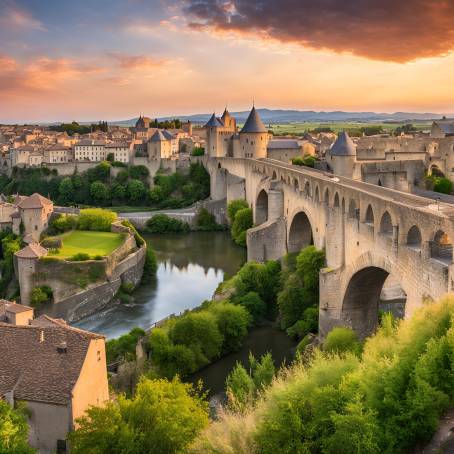 Twilight at Carcassonne Old Town and Pont Vieux, France