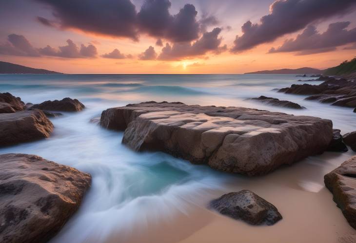 Twilight at Punta Zicaleta Beach Rocks, Turquoise Sea, and Cloudy Sunset in Long Exposure