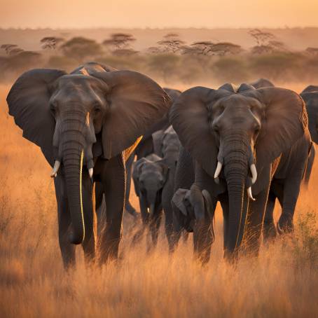 Twilight Elephant Migration Herd Moving Through the African Savannah