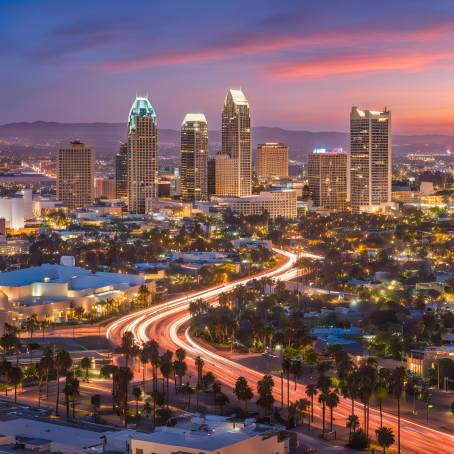 Twilight in San Diego Downtown Skyline Against a California Sunset