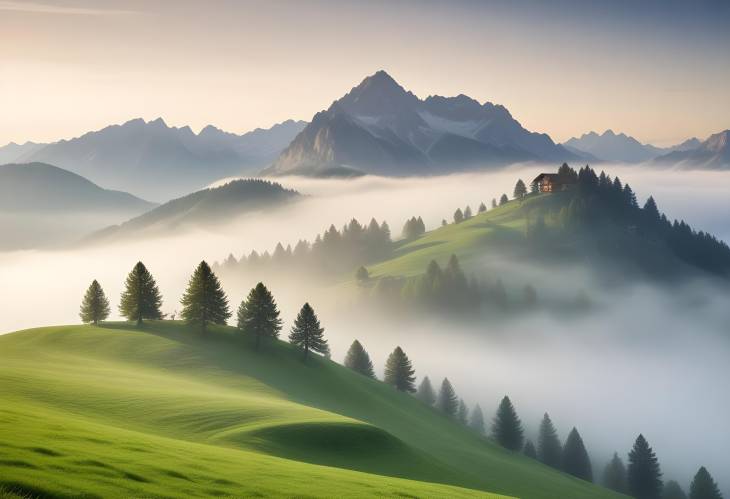 Tyrol Mountain Views Grubigstein Peak, Green Meadows, and Fog in Lermoos