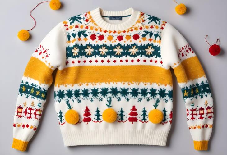 Ugly Christmas Sweater with Embroidery, Yellow Pompom, and Colorblock Design on White Background