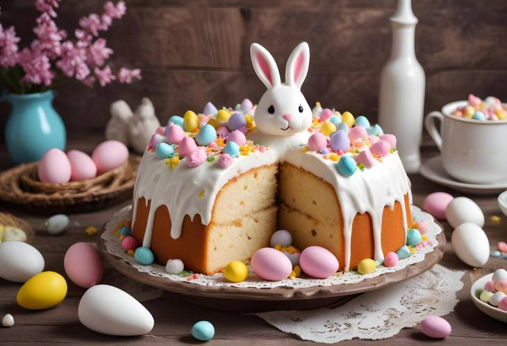 Ukrainian Easter Paskha with marshmallow glaze Cottage cheese cake on traditional Easter table